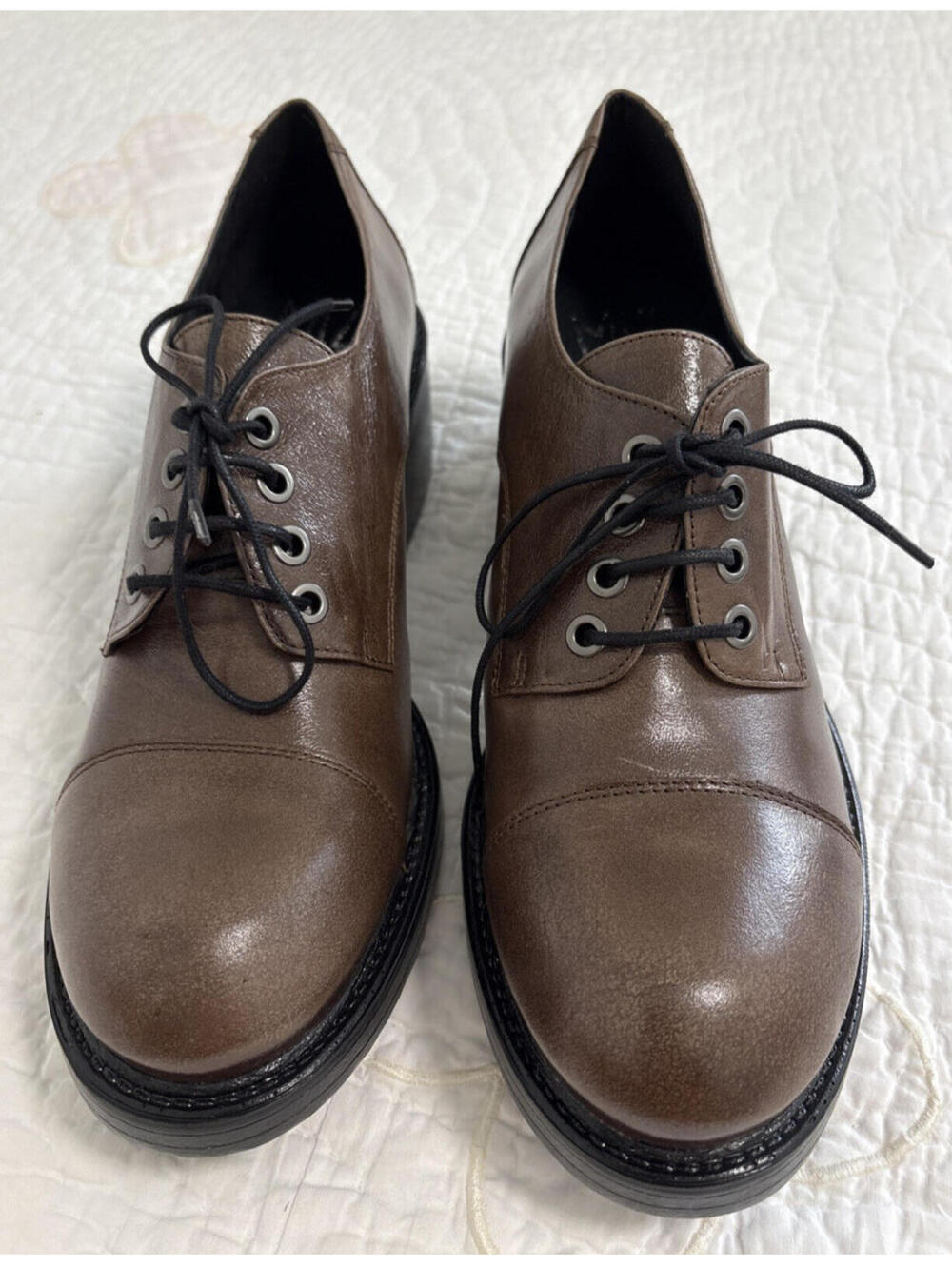 Miz Mooz Taupe-Brown Leather Lace-Up Chunky-Heel Oxfords--runs small!! - Picture 3 of 9